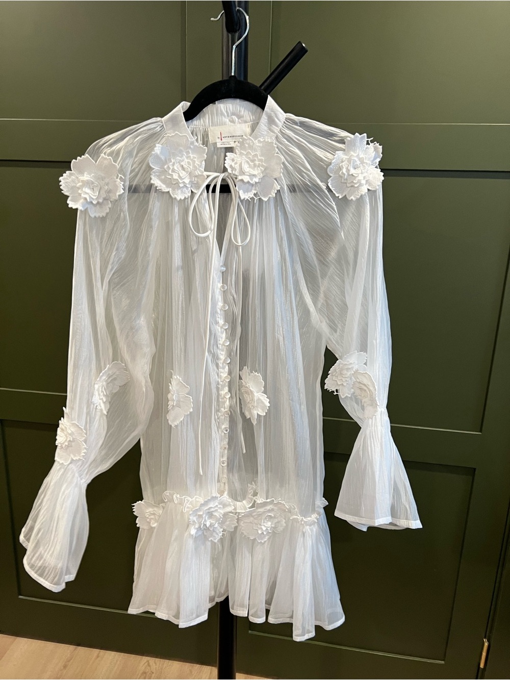 Sheer White Floral Appliqué Tunic with Poet Sleeves